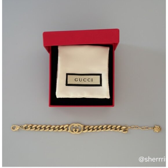 Gucci Jewelry - Gucci Unisex Cuban Link GG Gold Tone Bracelet Lion Charm Stamped Authentic W Box